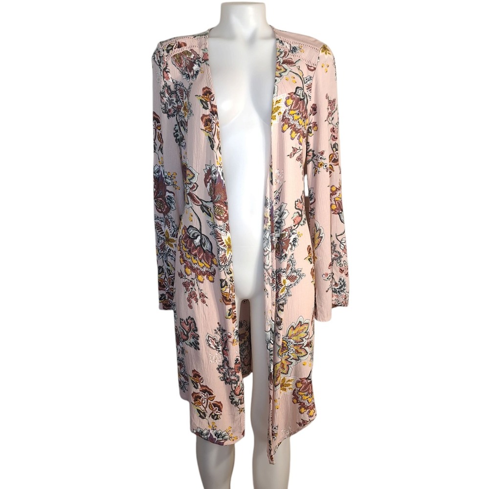 Knox Rose Women's Size M Old Pink Floral Open Front Kimono Long Sleeves